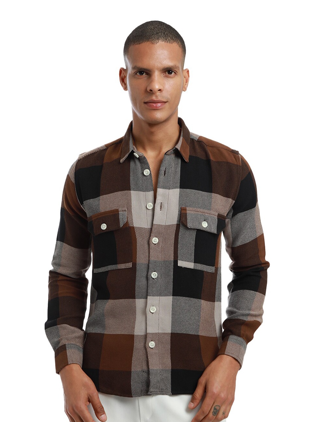 

Banana Club Classic Checked Spread Collar Cotton Curved Slim Fit Casual Shirt, Brown