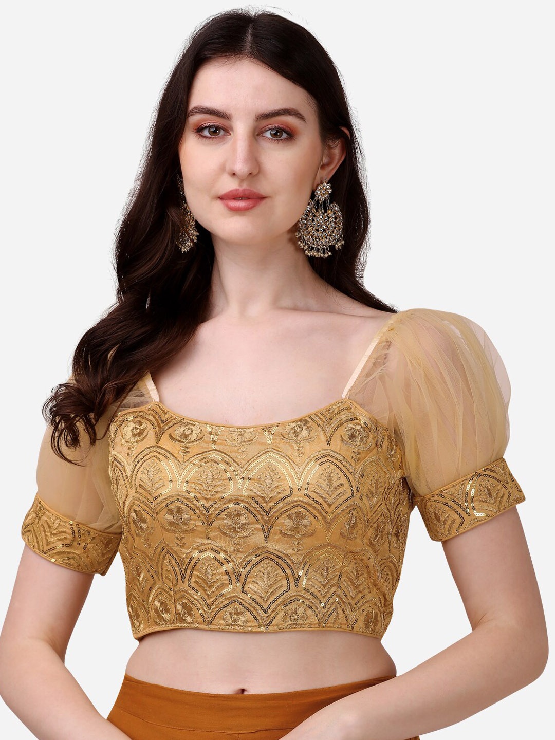 

PUJIA MILLS Embroidered Sequinned Puffed Sleeves Chiffon Saree Blouse, Gold