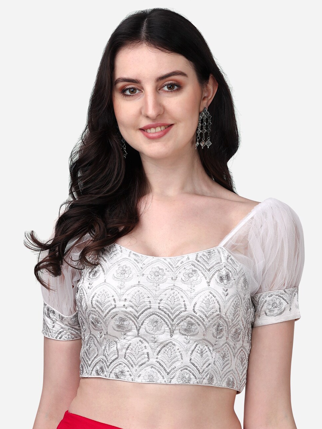 

PUJIA MILLS Sequined Embroidered Puff Sleeves Saree Blouse, White