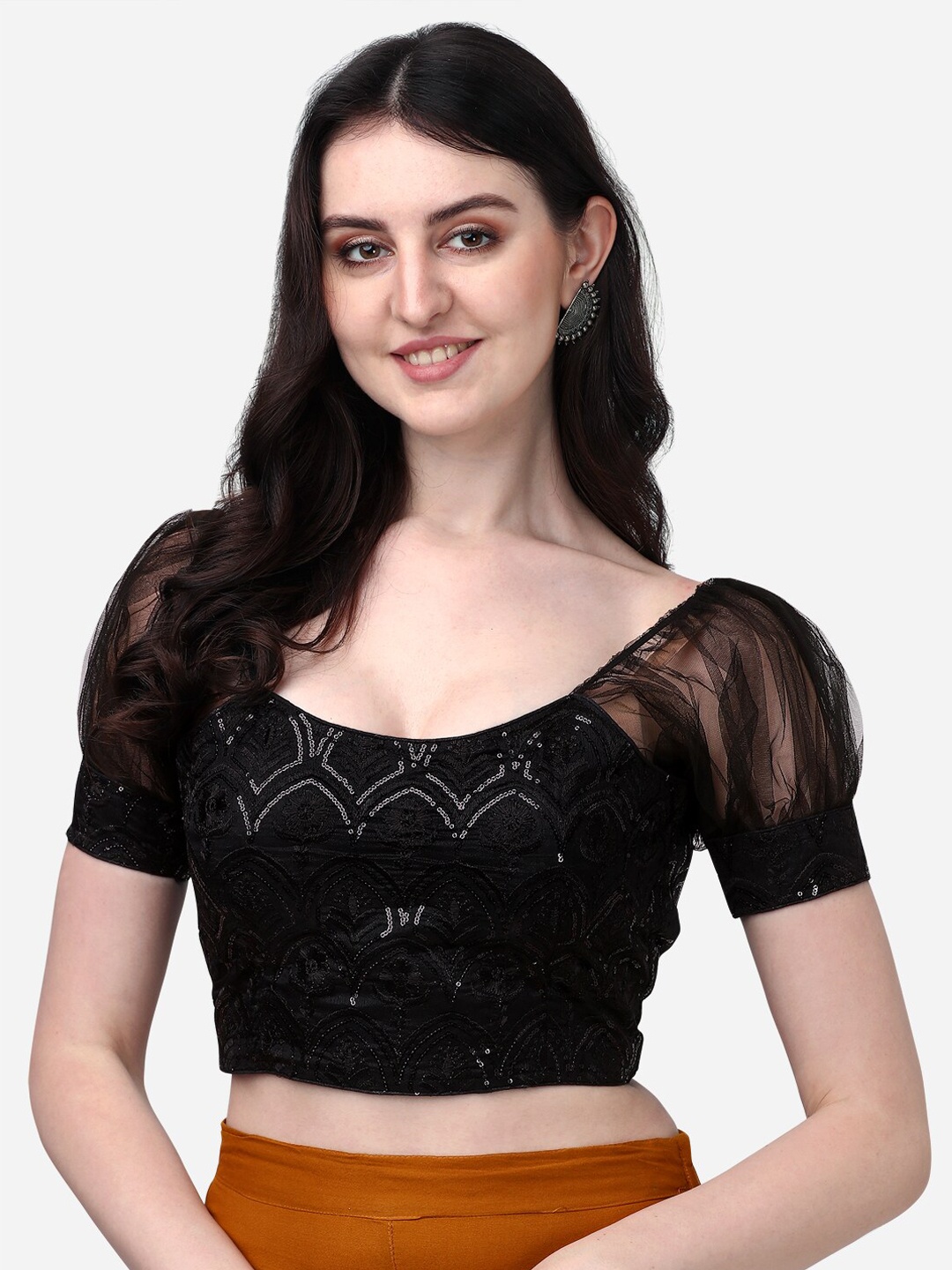 

PUJIA MILLS Embroidered Sequinned Puffed Sleeves Chiffon Saree Blouse, Black