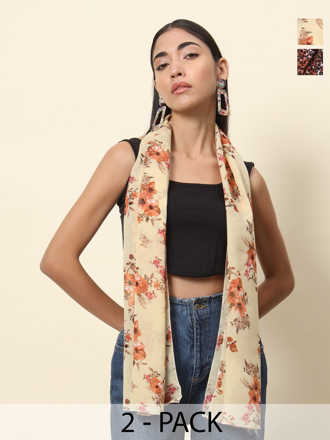 

Trend Arrest Pack Of 2 Floral Printed Scarves, Beige