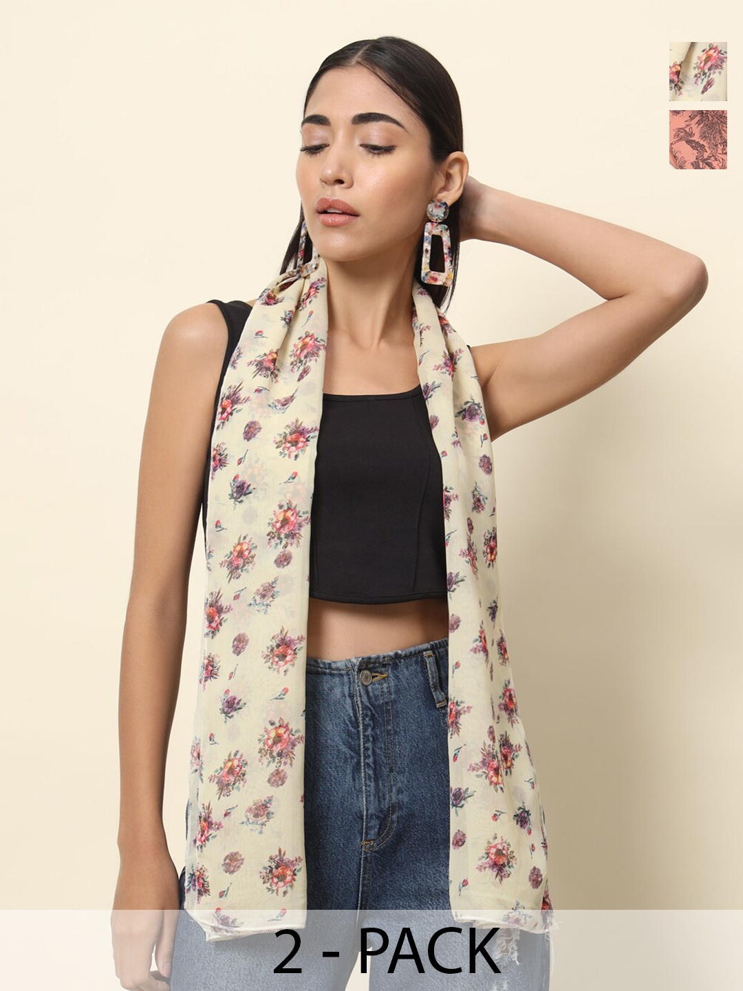 

Trend Arrest Pack Of 2 Floral Printed Scarves, Beige