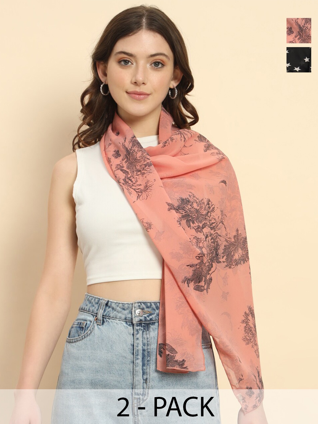 

Trend Arrest Pack Of 2 Floral Printed Scarves, Peach
