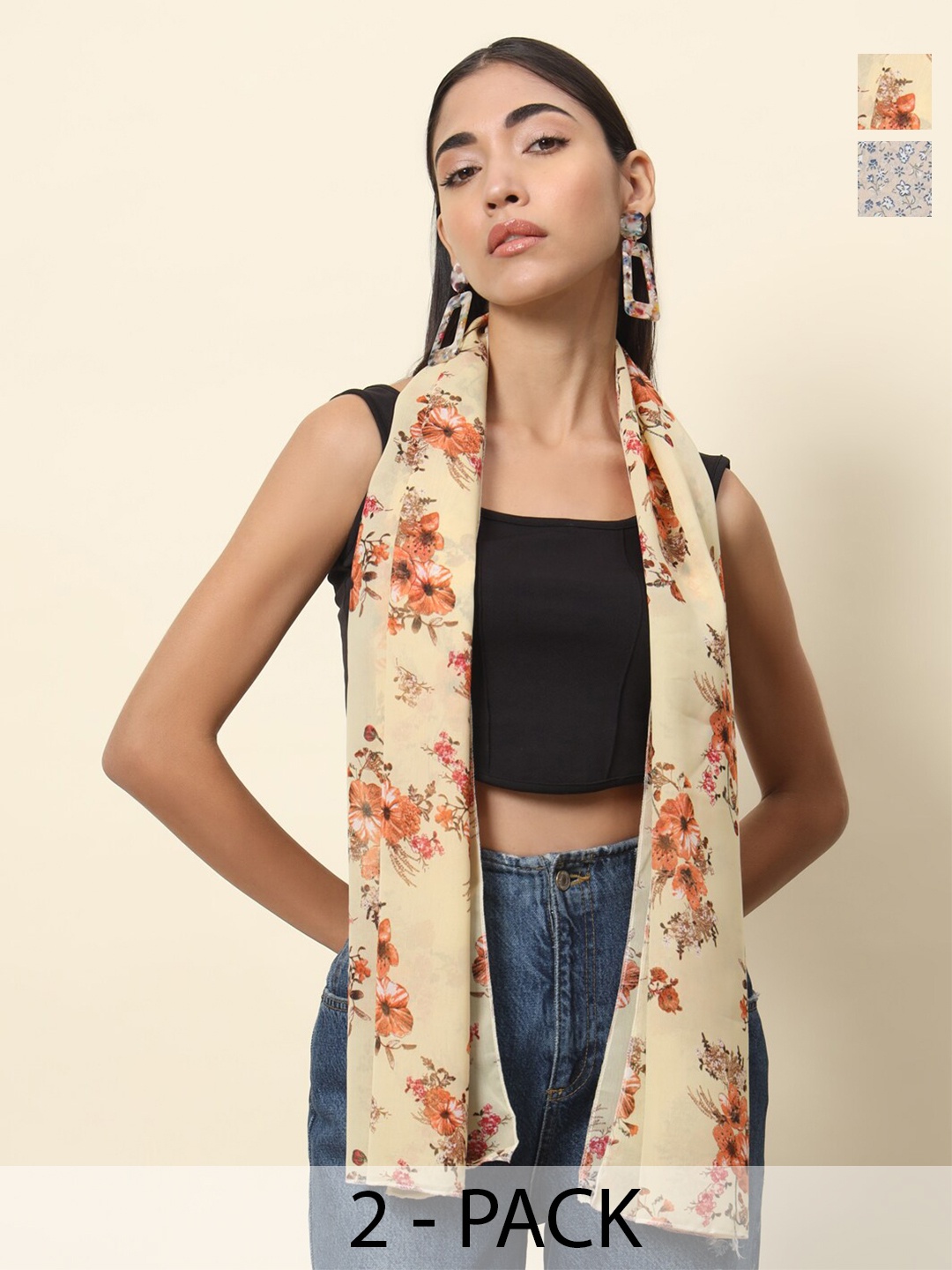 

Trend Arrest Pack Of 2 Floral Printed Scarves, Beige