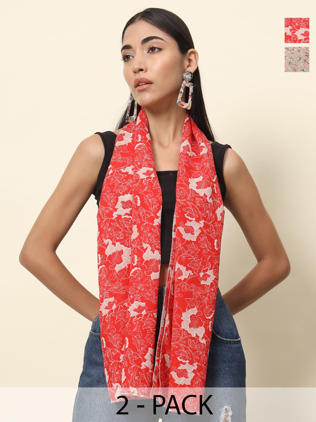 

Trend Arrest Pack Of 2 Floral Printed Scarves, Beige