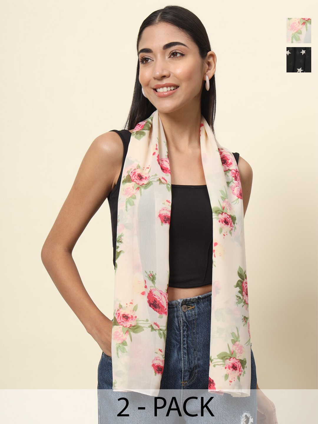 

Trend Arrest Pack Of 2 Floral Printed Scarves, Beige