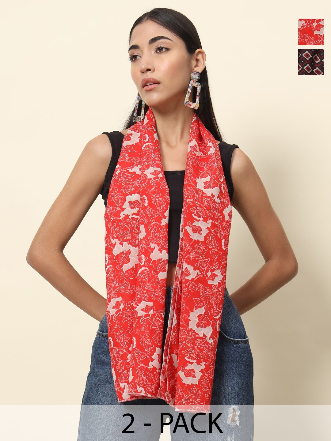 

Trend Arrest Pack Of 2 Floral Printed Scarf, Black