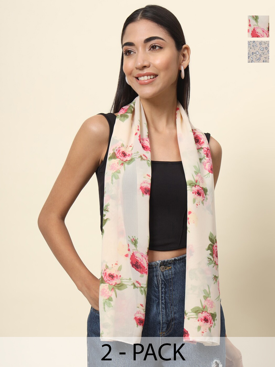 

Trend Arrest Pack Of 2 Floral Printed Scarf, Beige