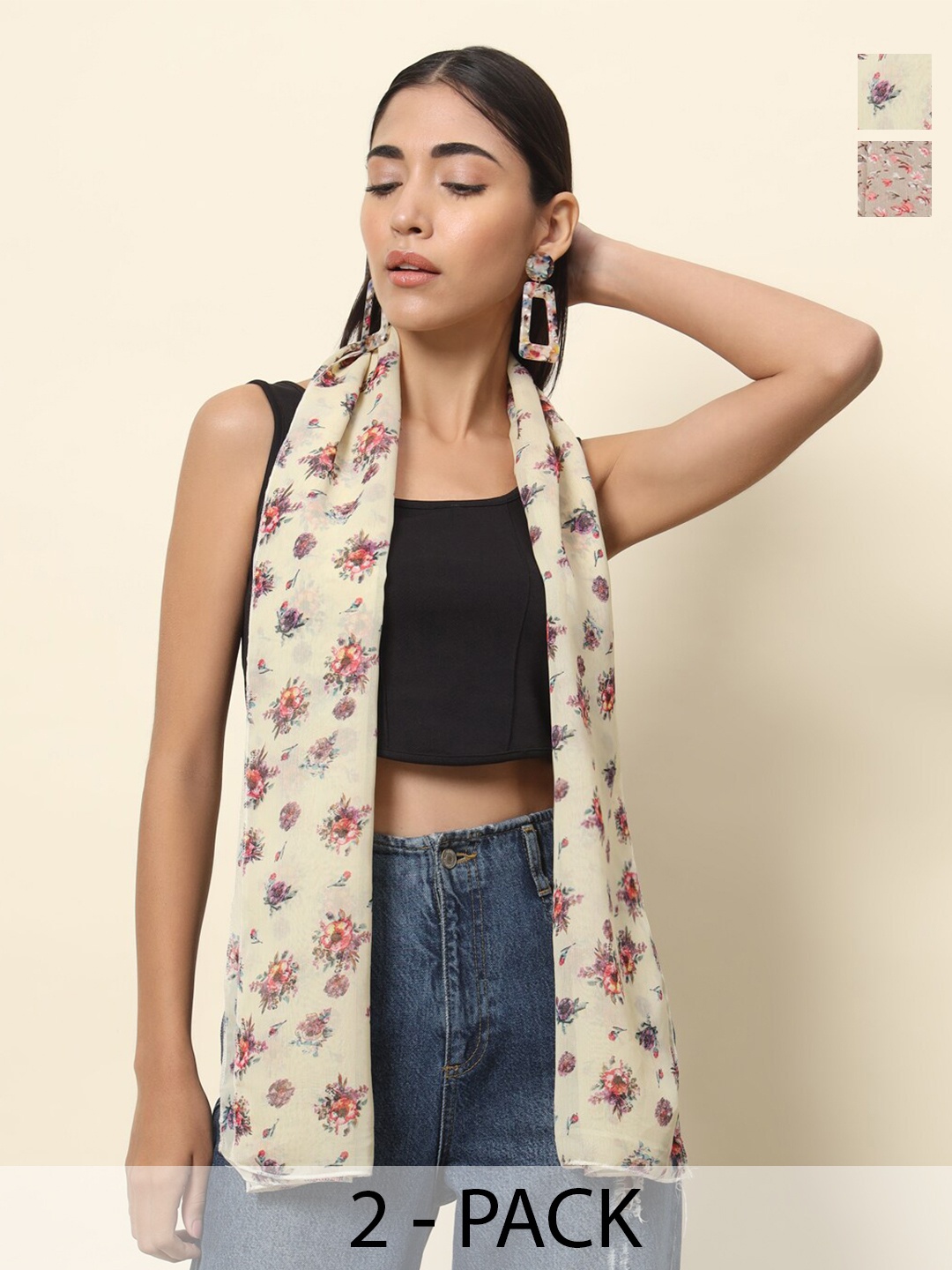

Trend Arrest Pack Of 2 Floral Printed Scarf, Beige