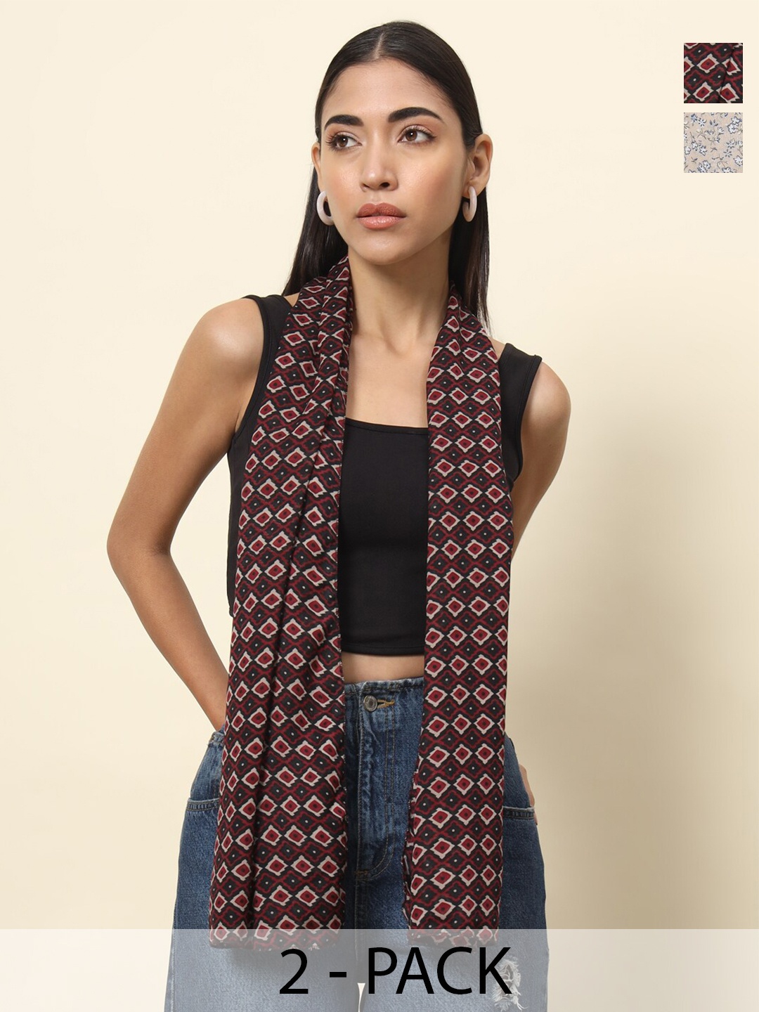 

Trend Arrest Pack Of 2 Floral Printed Scarf, Beige