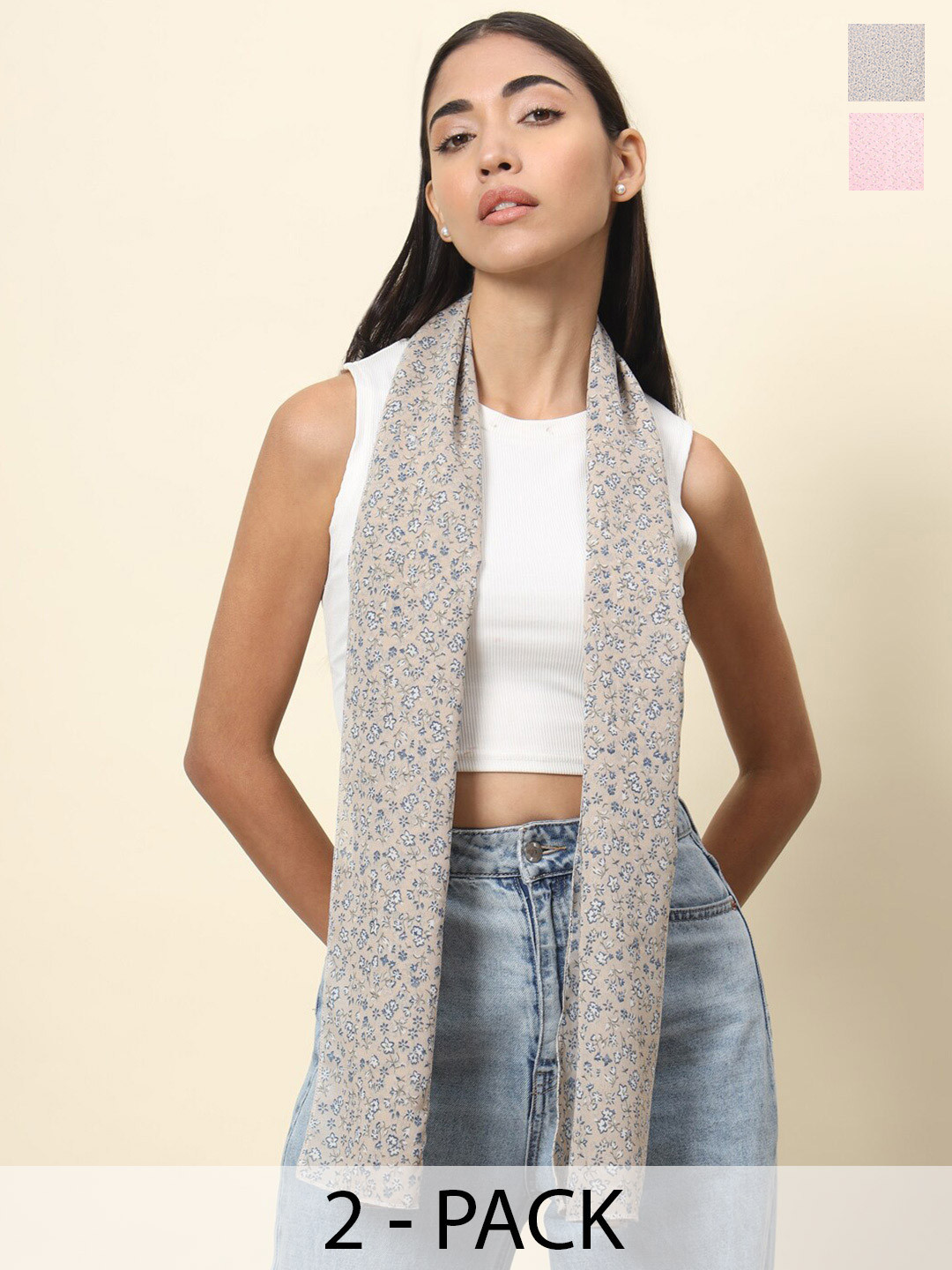 

Trend Arrest Pack of 2 Floral Printed Scarves, Beige