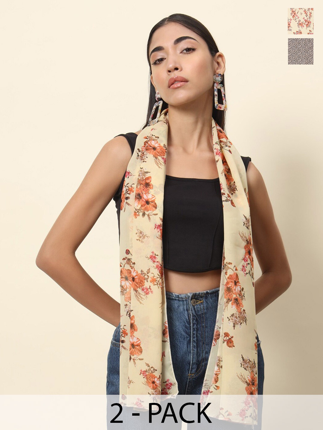 

Trend Arrest Pack of 2 Floral & Abstract Printed Scarves, Beige