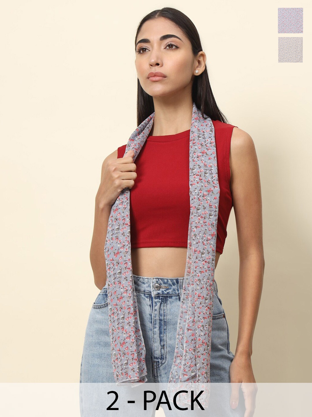 

Trend Arrest Pack of 2 Floral Printed Scarves, Beige