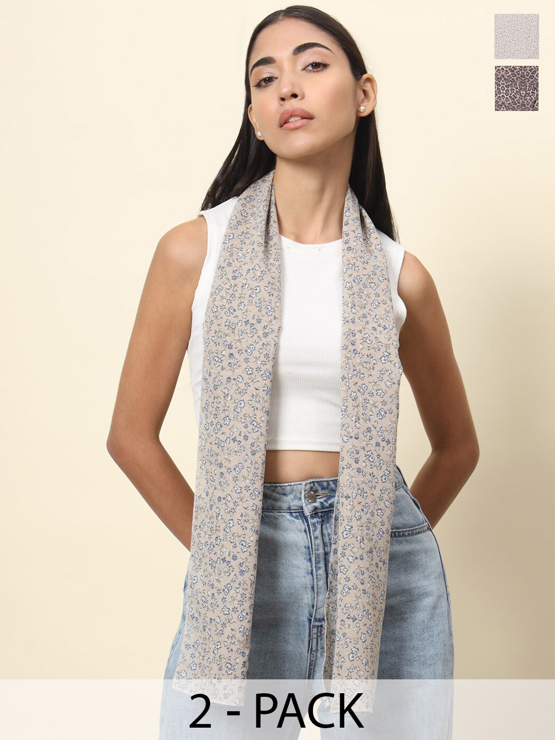 

Trend Arrest Pack of 2 Floral & Abstract Printed Scarves, Beige