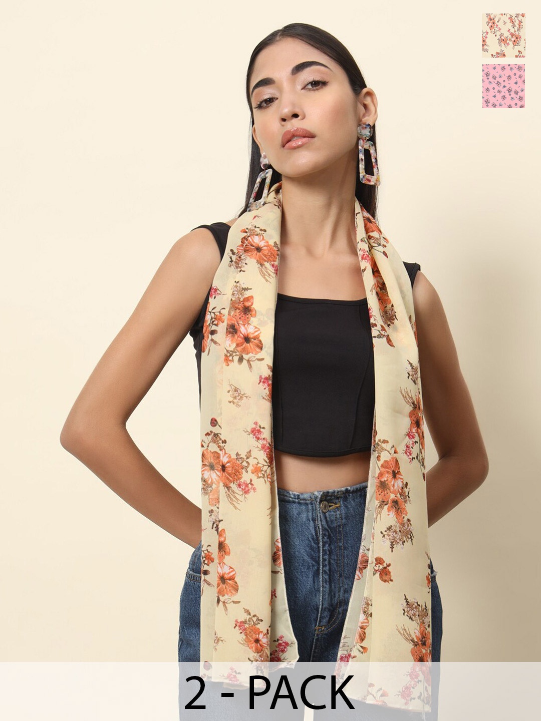 

Trend Arrest Pack of 2 Floral Printed Scarves, Beige