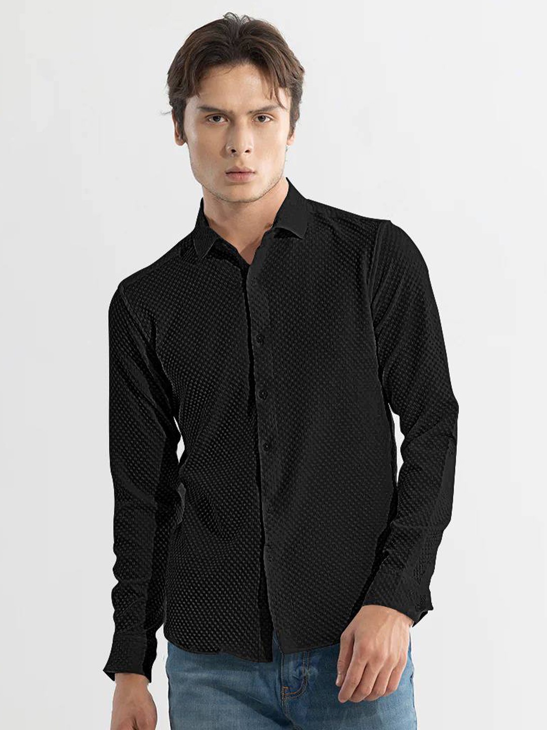 

BAESD Classic Slim Fit Textured Spread Collar Cuffed Sleeves Casual Shirt, Black