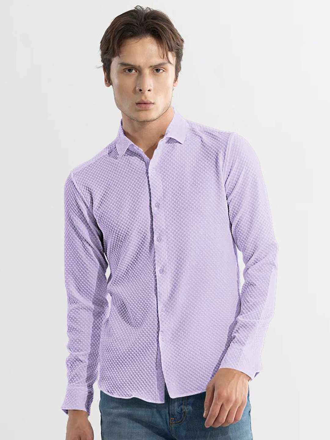 

BAESD Classic Slim Fit Textured Self Design Spread Collar Casual Shirt, Lavender