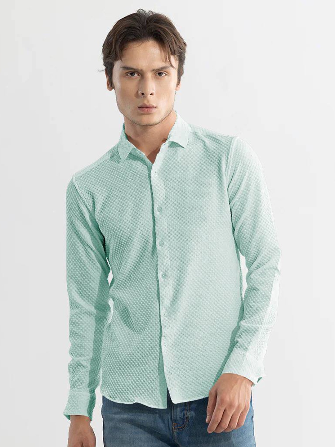 

BAESD Classic Slim Fit Textured Spread Collar Cuffed Sleeves Casual Shirt, Sea green