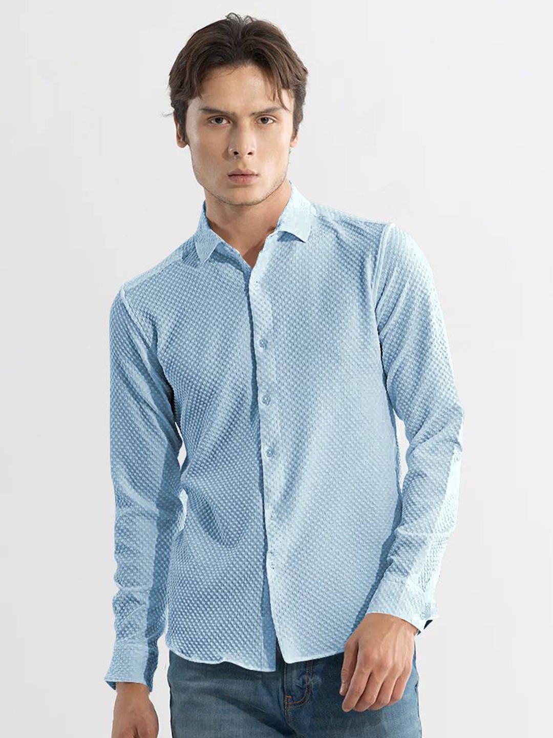 

BAESD Classic Slim Fit Textured Spread Collar Cuffed Sleeves Casual Shirt, Turquoise blue