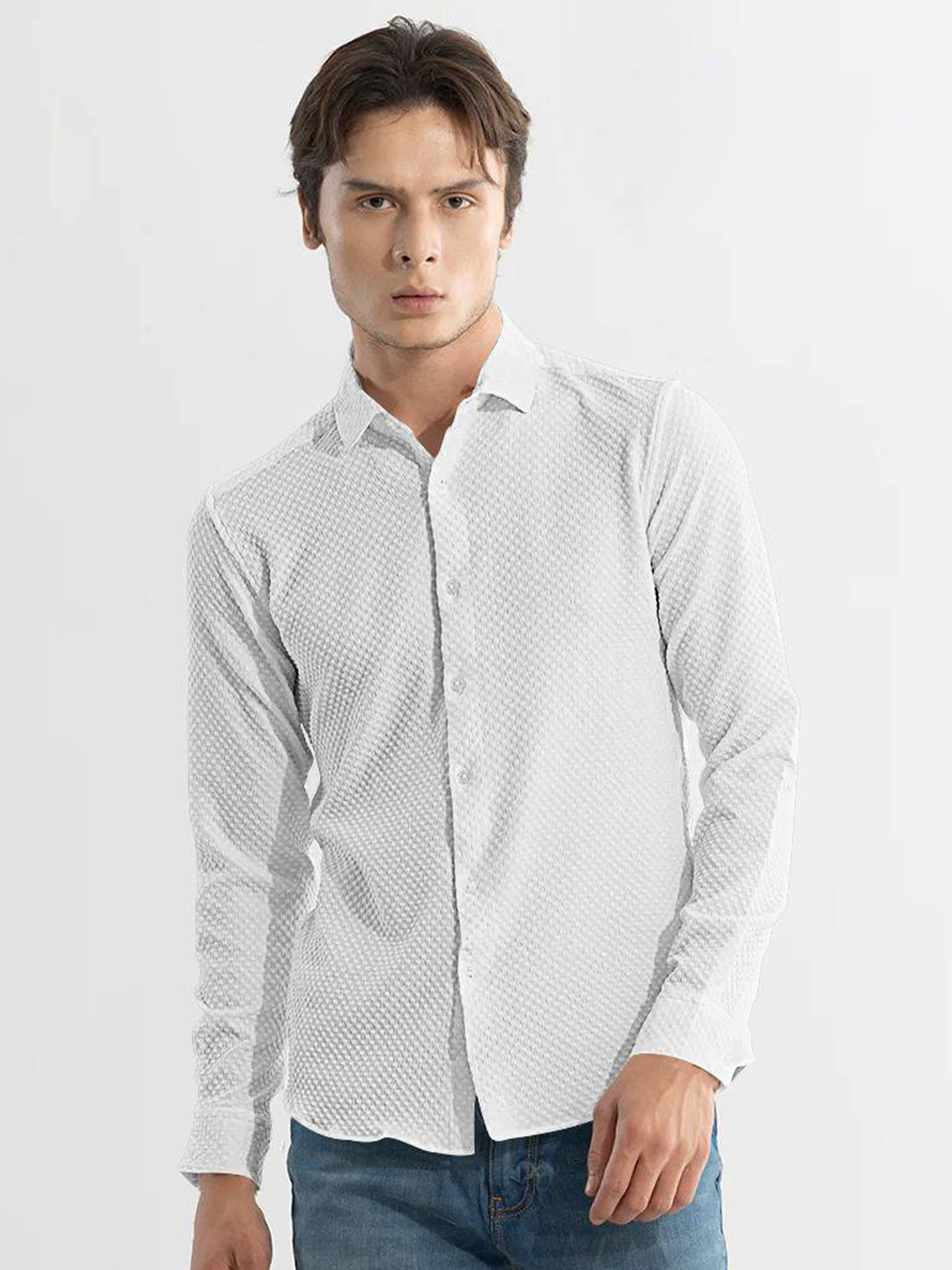 

BAESD Classic Slim Fit Textured Spread Collar Cuffed Sleeves Casual Shirt, White