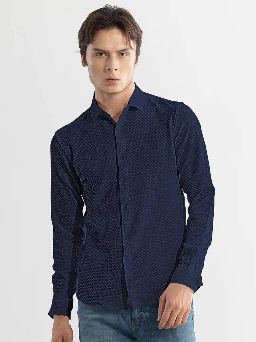 

BAESD Classic Slim Fit Textured Spread Collar Cuffed Sleeves Casual Shirt, Navy blue