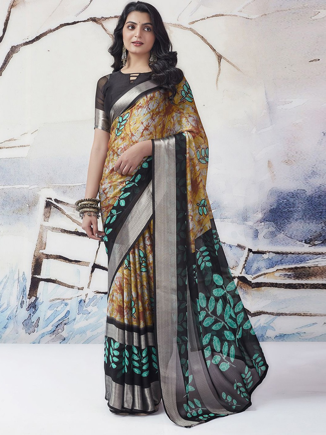 

Mitera Abstract Printed Zari Saree, Yellow