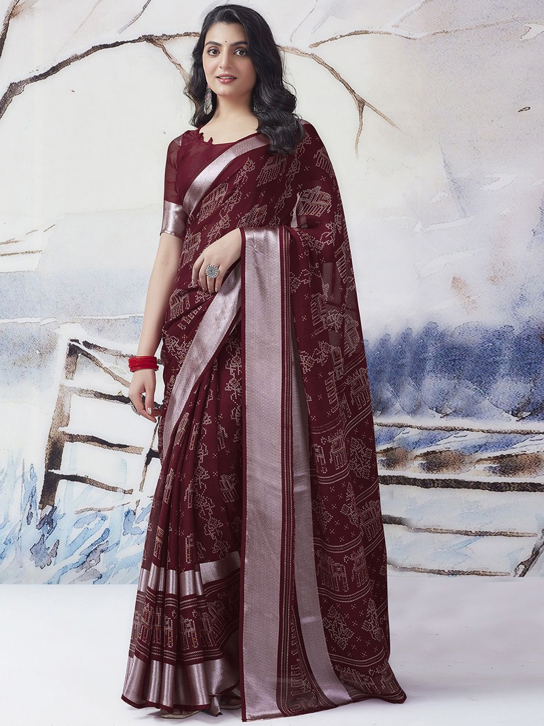 

Mitera Ethnic Motifs Printed Zari Saree, Maroon