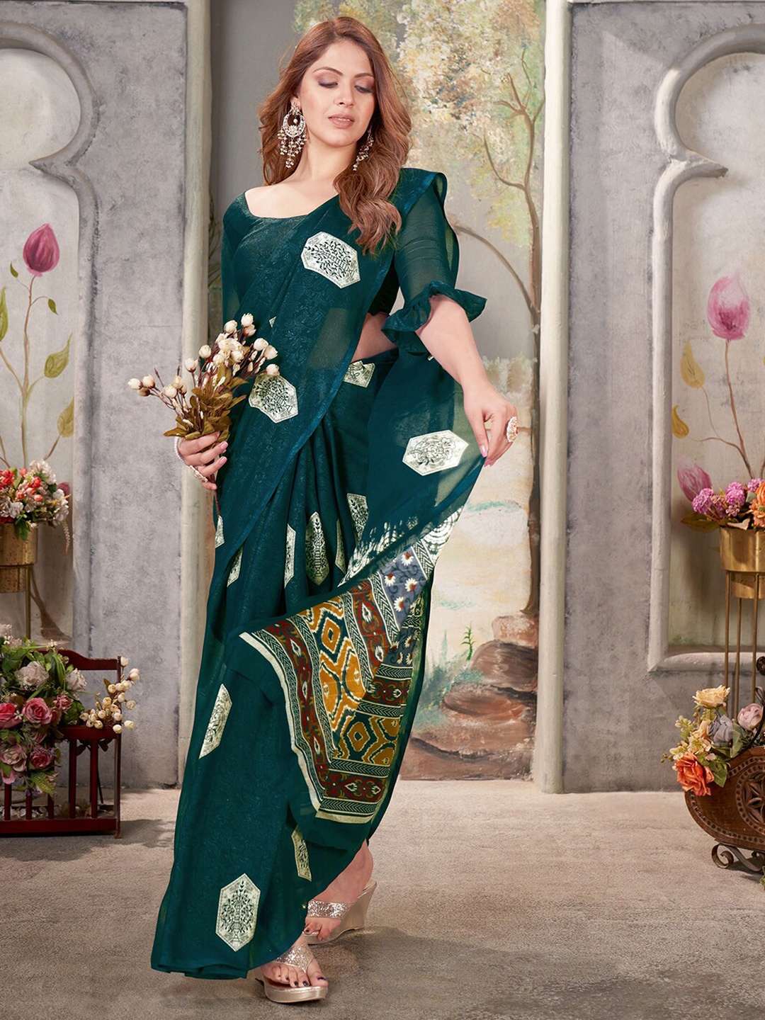 

Mitera Floral Printed Muga Saree, Teal