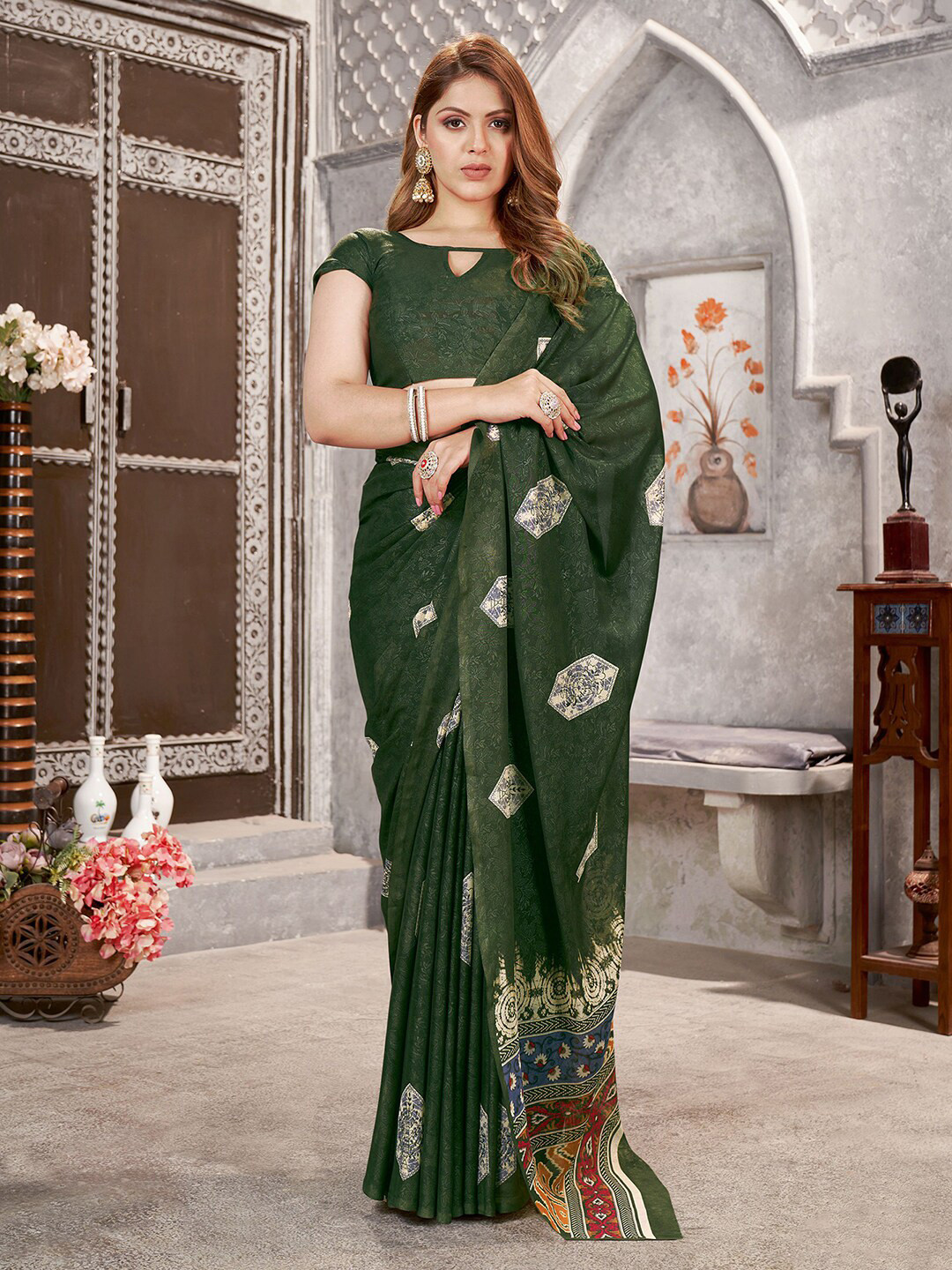 

Mitera Floral Printed Muga Saree, Green