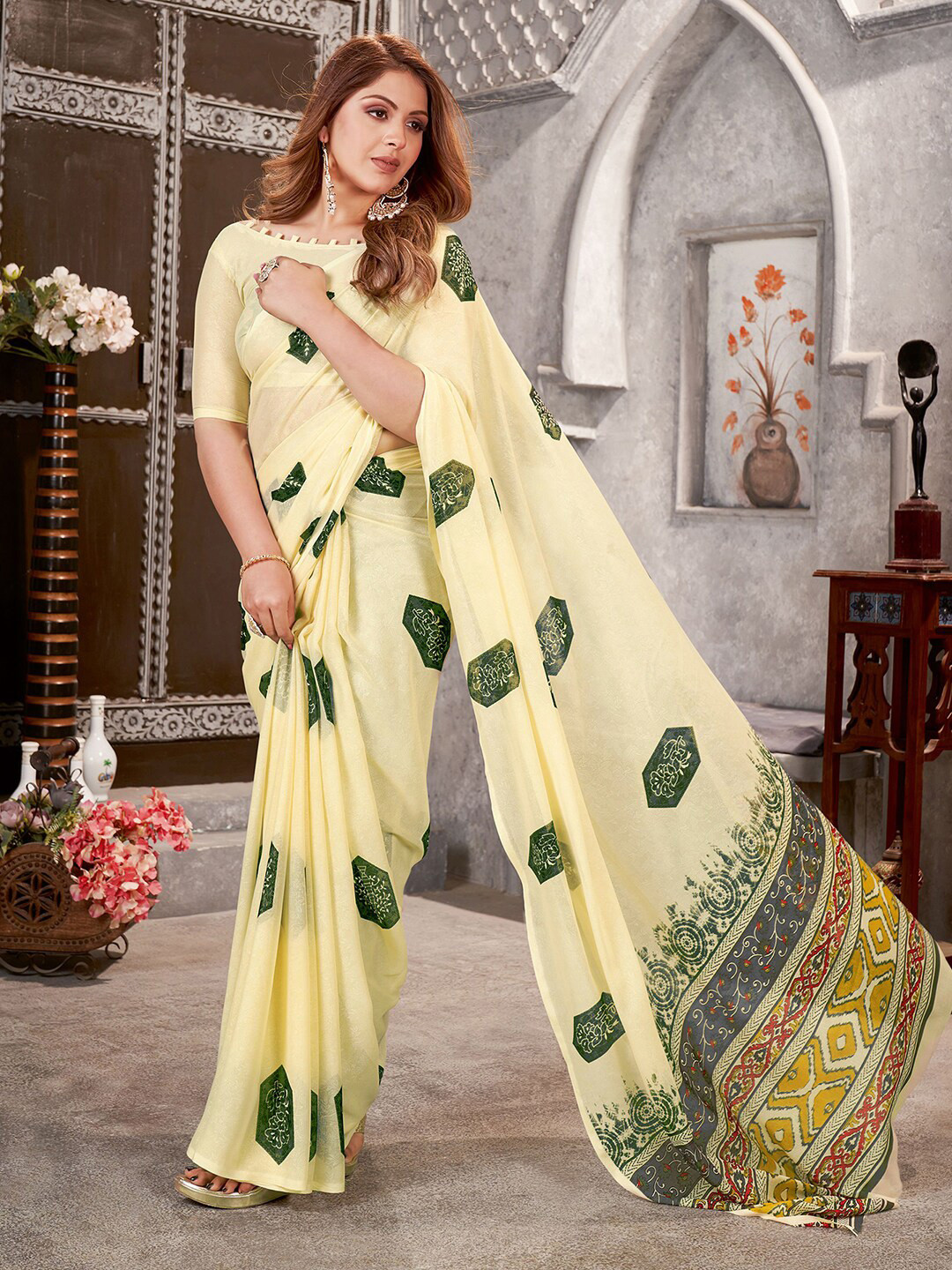 

Mitera Ethnic Motifs Printed Muga Saree, Cream