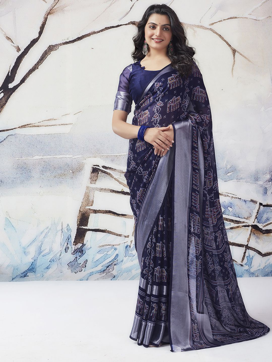 

Mitera Ethnic Motifs Printed Zari Poly Chiffon Ikat Saree, Navy blue