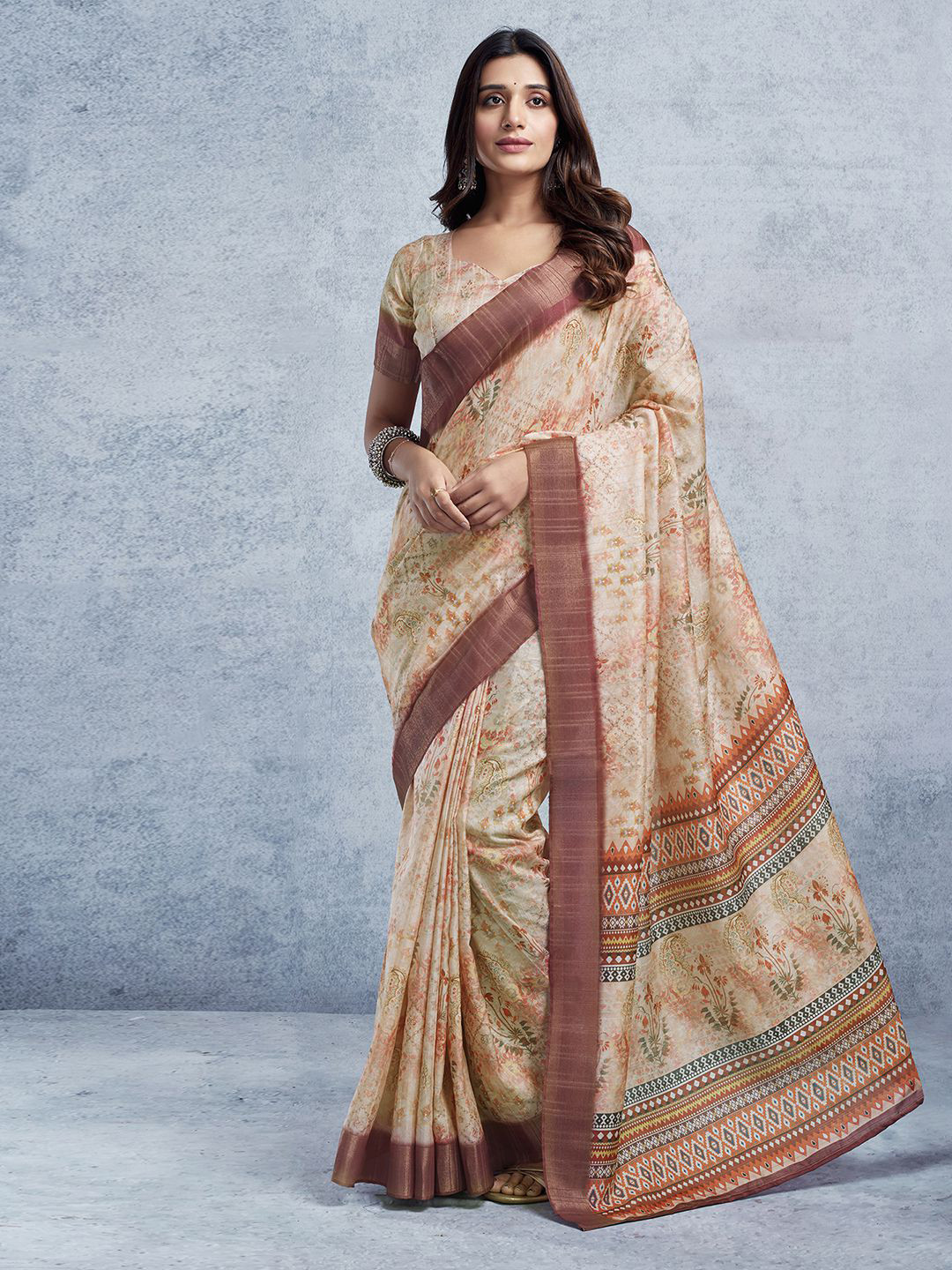 

Mitera Floral Printed Zari Ikat Saree, Cream
