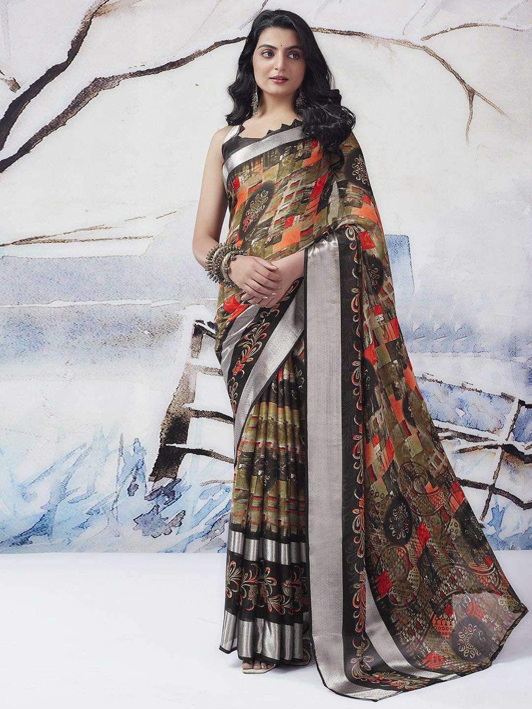 

Mitera Geometric Printed Zari Ikat Saree, Khaki