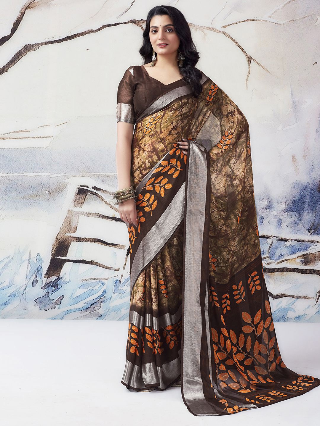 

Mitera Floral Printed Zari Poly Chiffon Ikat Saree, Brown