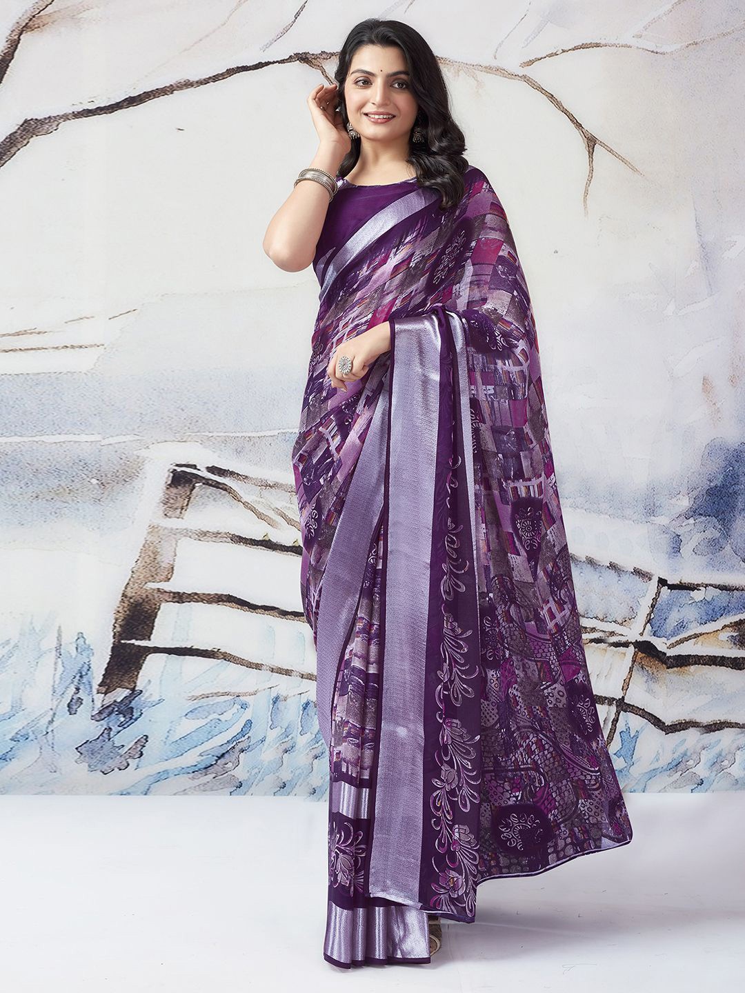 

Mitera Geometric Printed Woven Design Zari Saree, Purple
