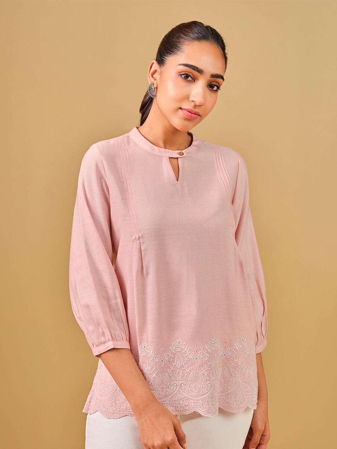 

Global Desi Keyhole Neck Puff Sleeve Top, Pink