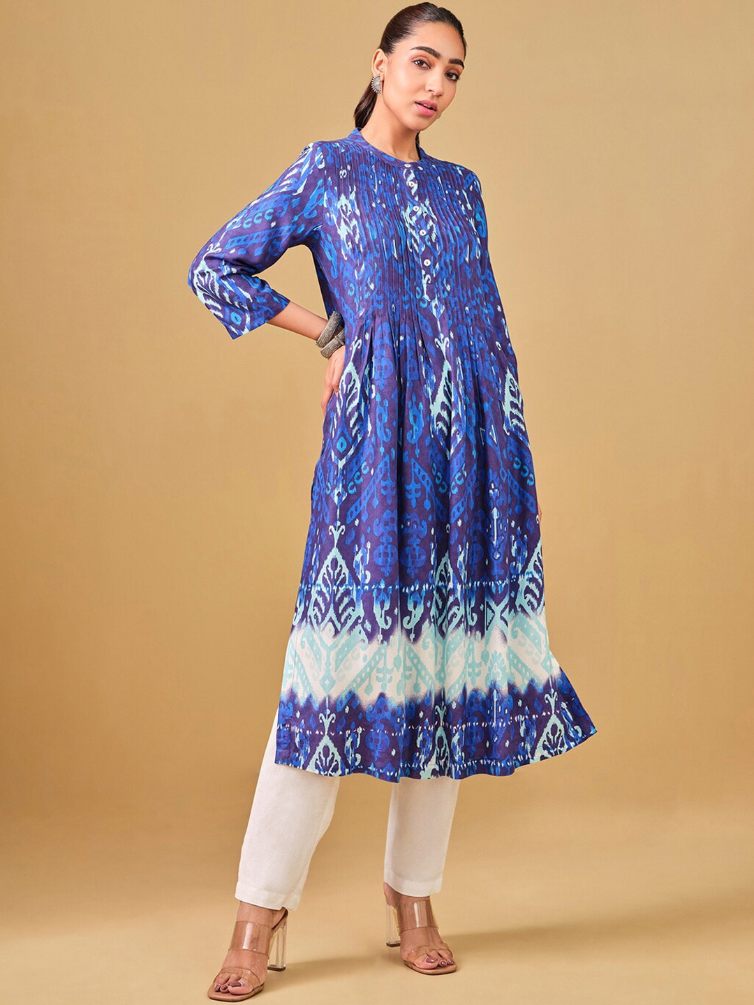 

Global Desi Printed Pleated Straight Kurta, Blue