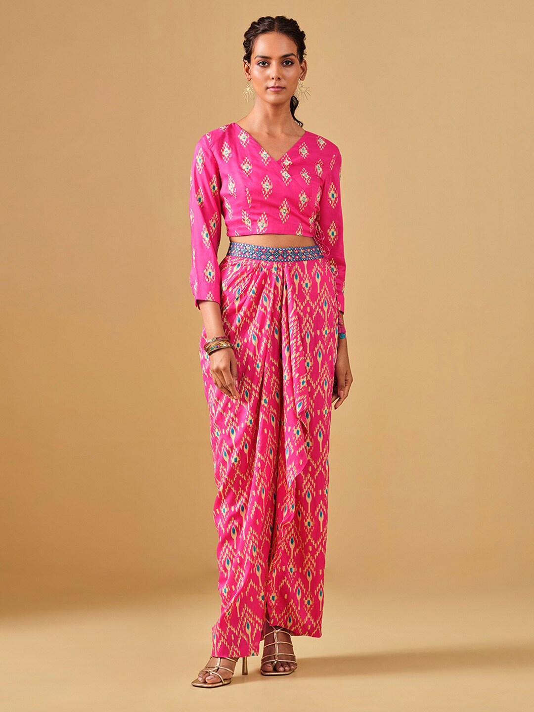 

Global Desi Printed Crop Top with Skirt Ethnic Co-Ords, Pink