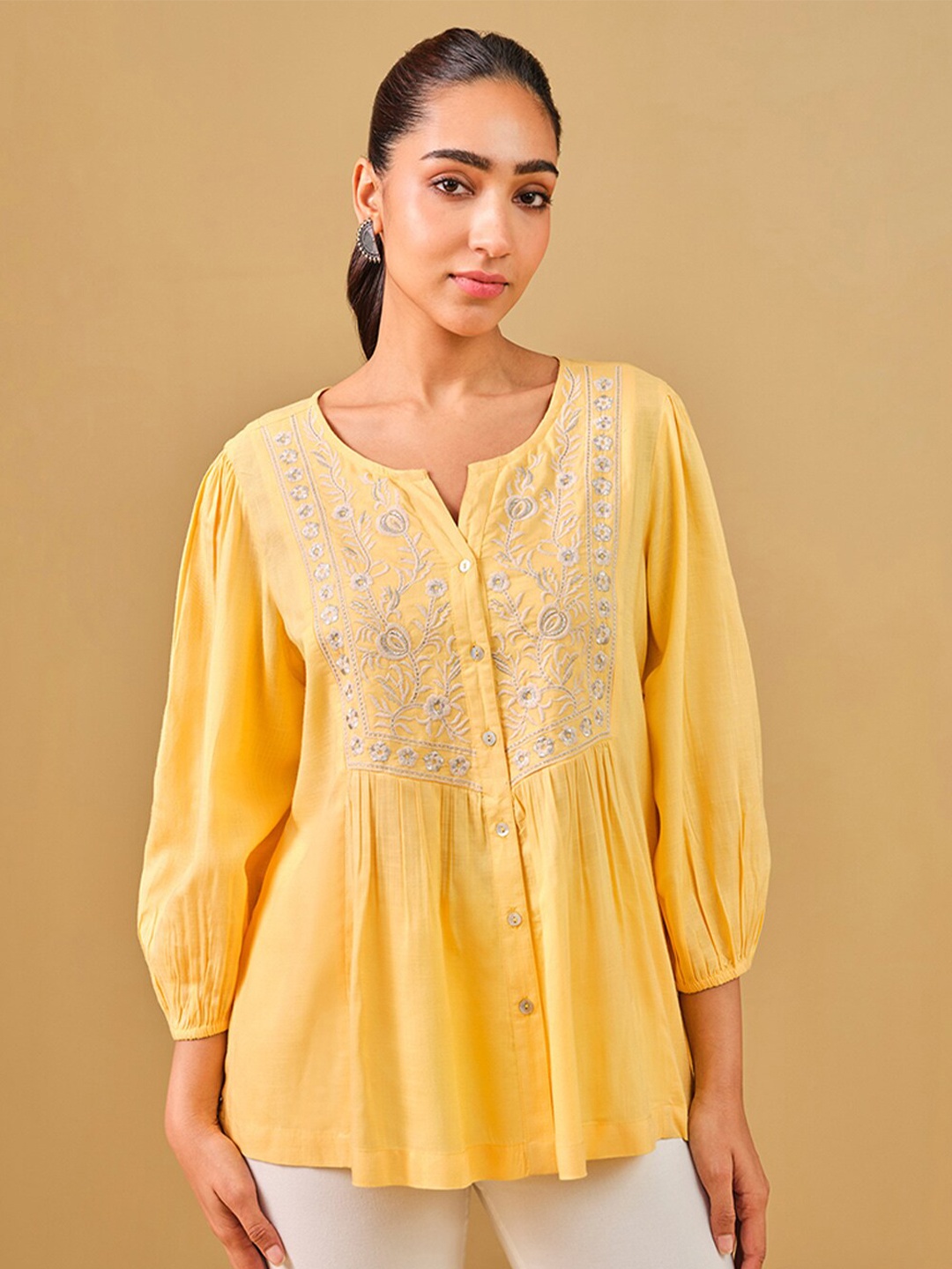 

Global Desi Floral Embroidered Notched Neck Top, Yellow