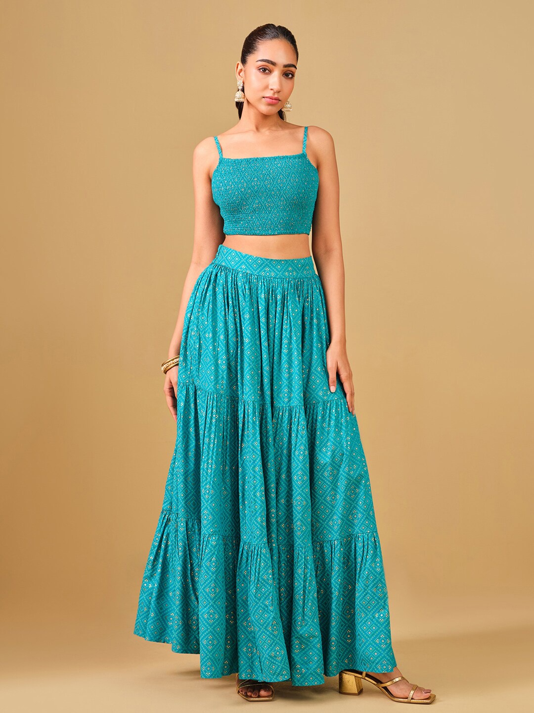 

Global Desi Printed Crop Top & Maxi Skirt Co-ords, Turquoise blue