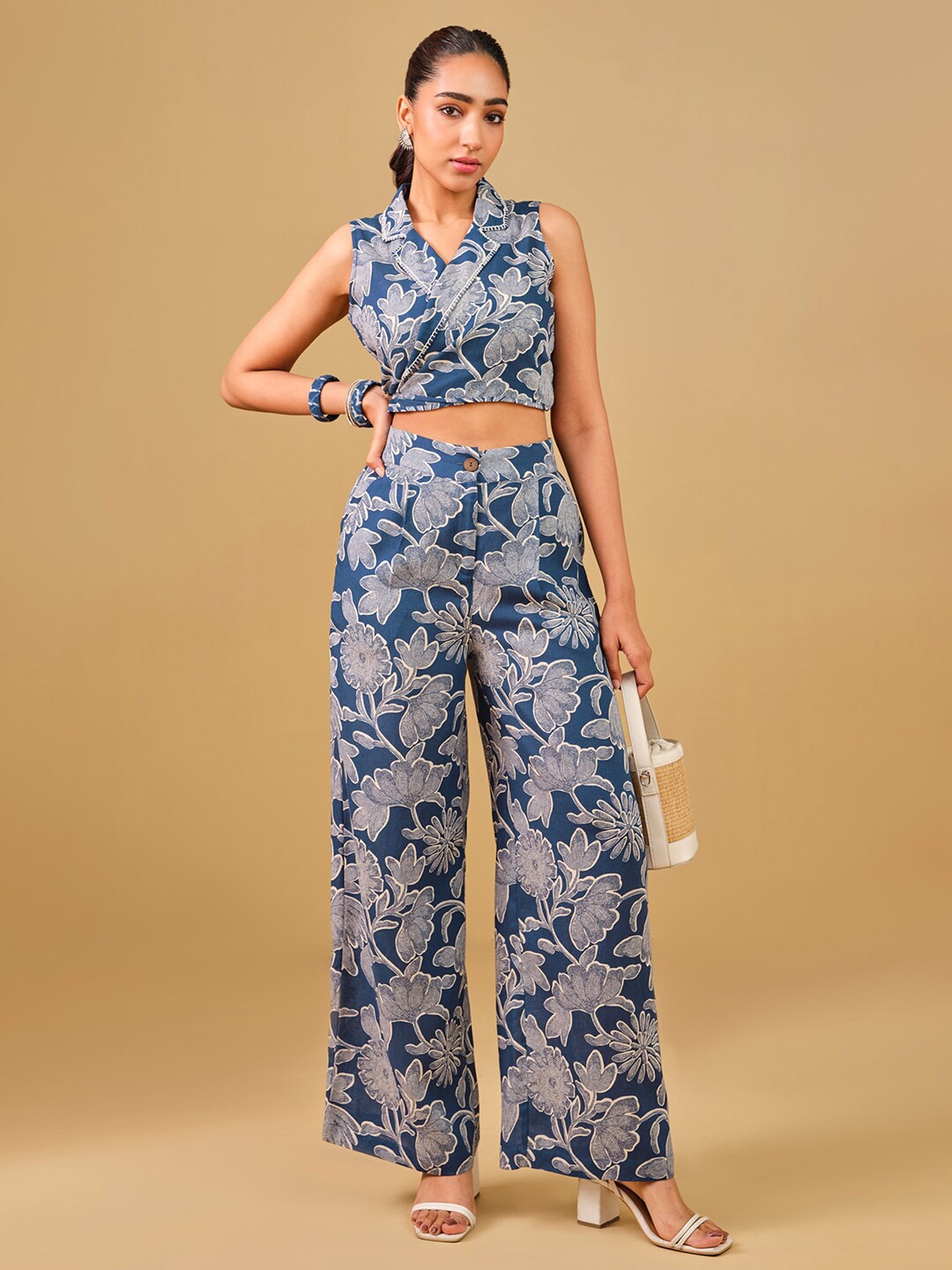 

Global Desi Printed Lapel Collar Top & Palazzos, Navy blue