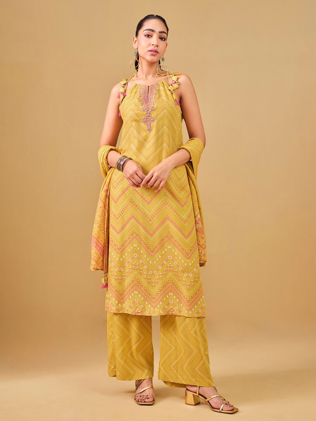 

Global Desi Striped Regular Mirror Work Kurta With Trouser & Dupatta, Mustard
