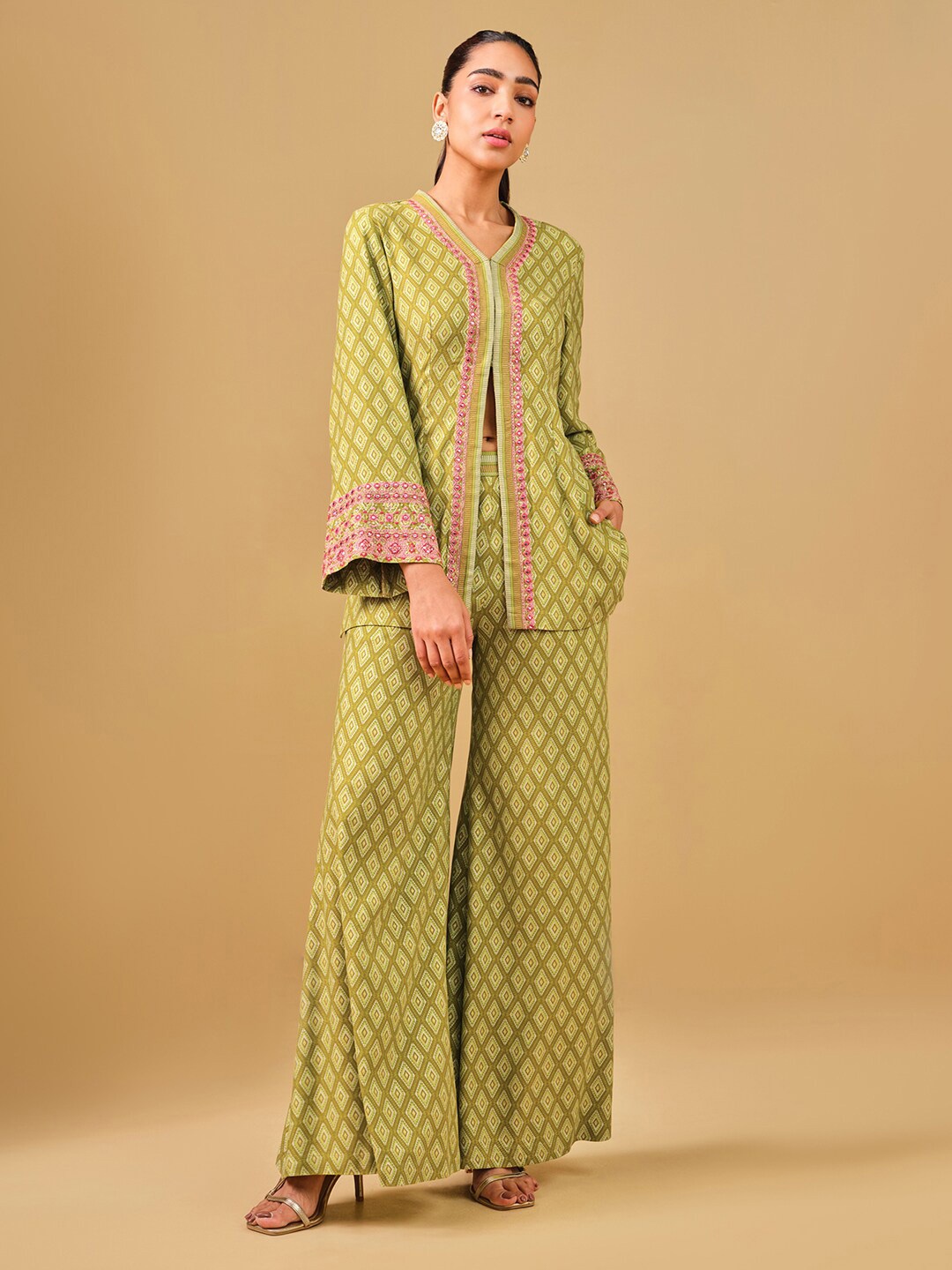 

Global Desi Women Printed Top with Palazzos, Green