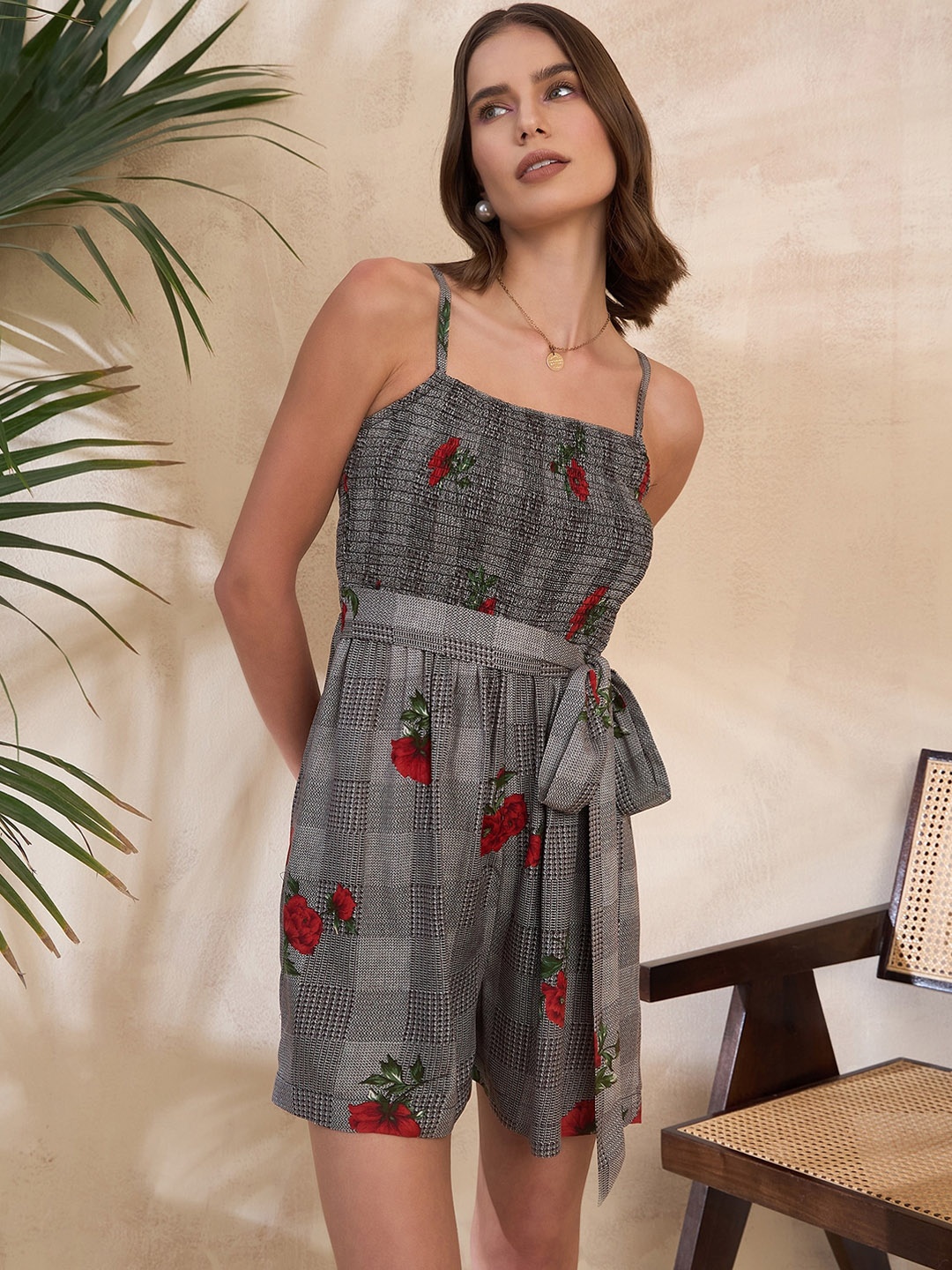 

KASSUALLY Printed Shoulder Strap Jumpsuit, Grey