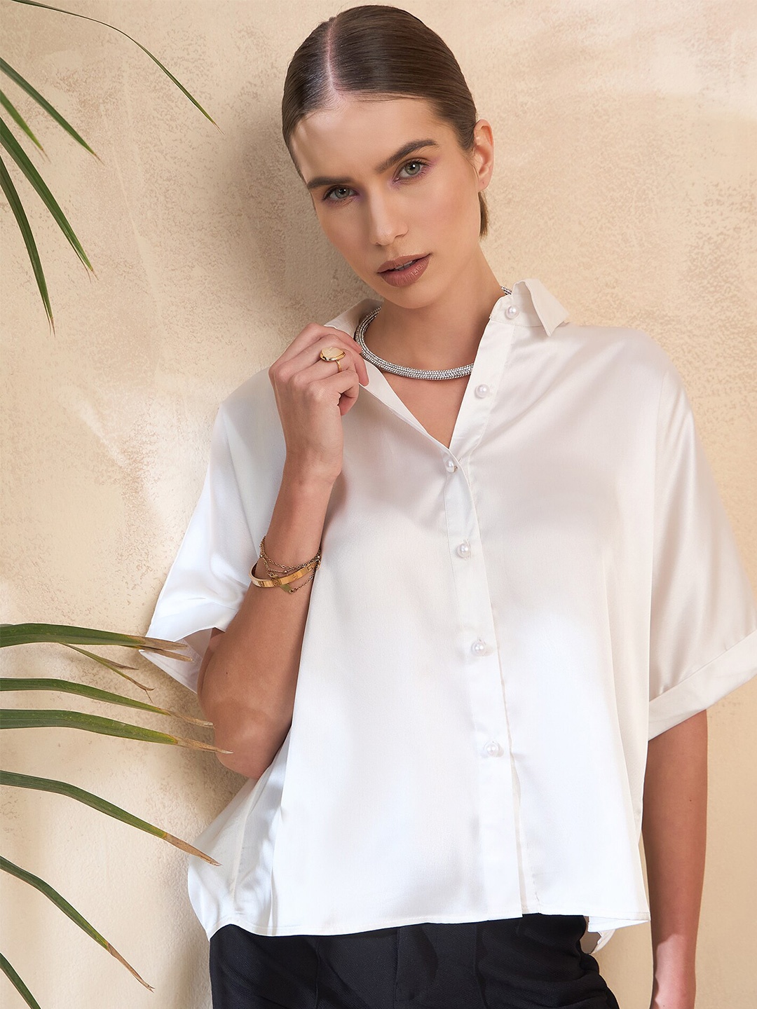 

KASSUALLY Comfort Boxy Pearl Embellished Satin Casual Shirt, White