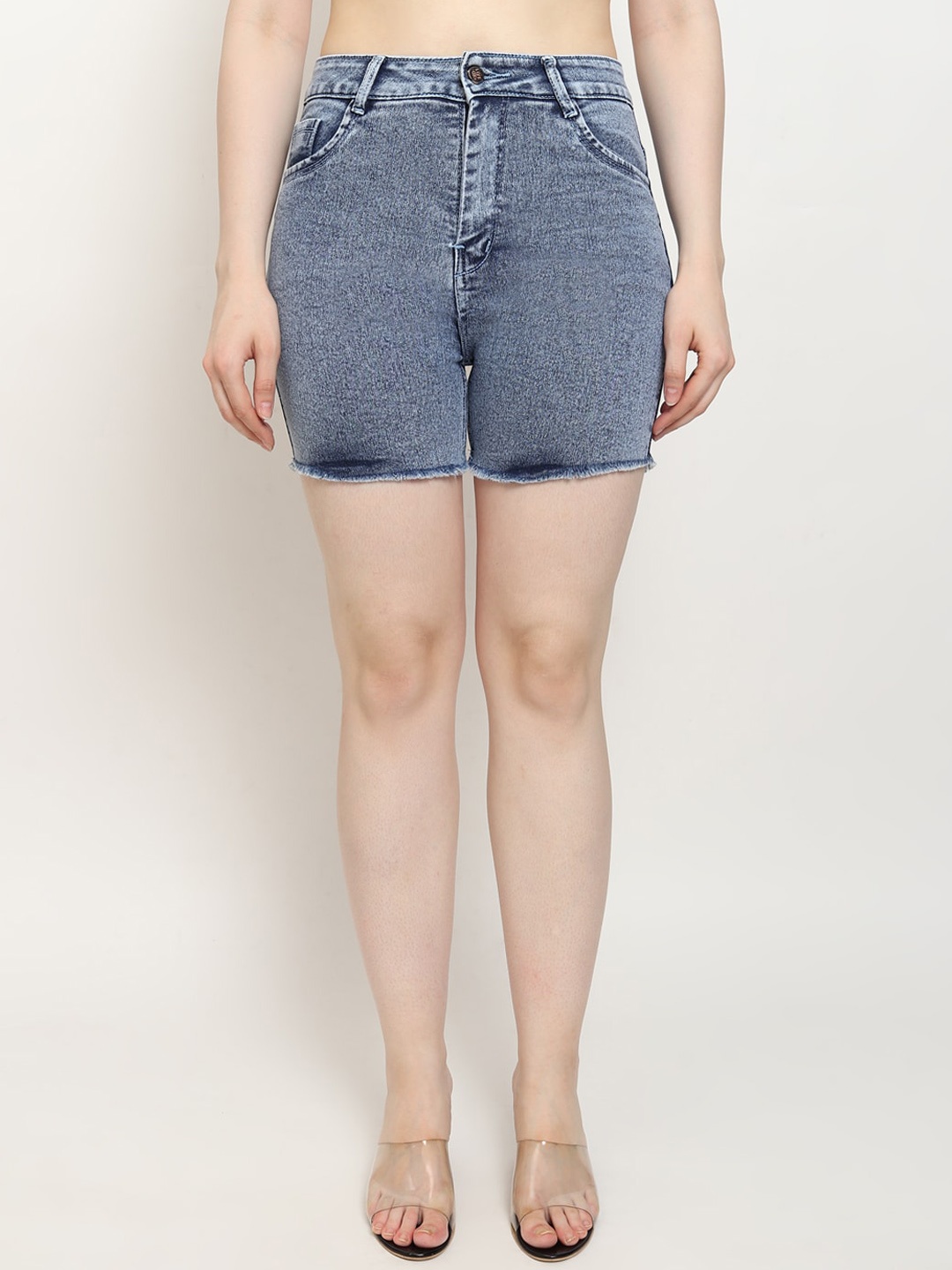 LIVE OK Women Washed Skinny Fit High-Rise Denim Shorts, Blue