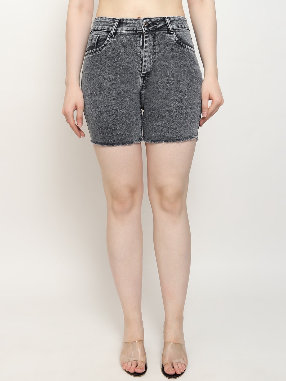 

LIVE OK Women Washed Skinny Fit High-Rise Denim Shorts, Grey