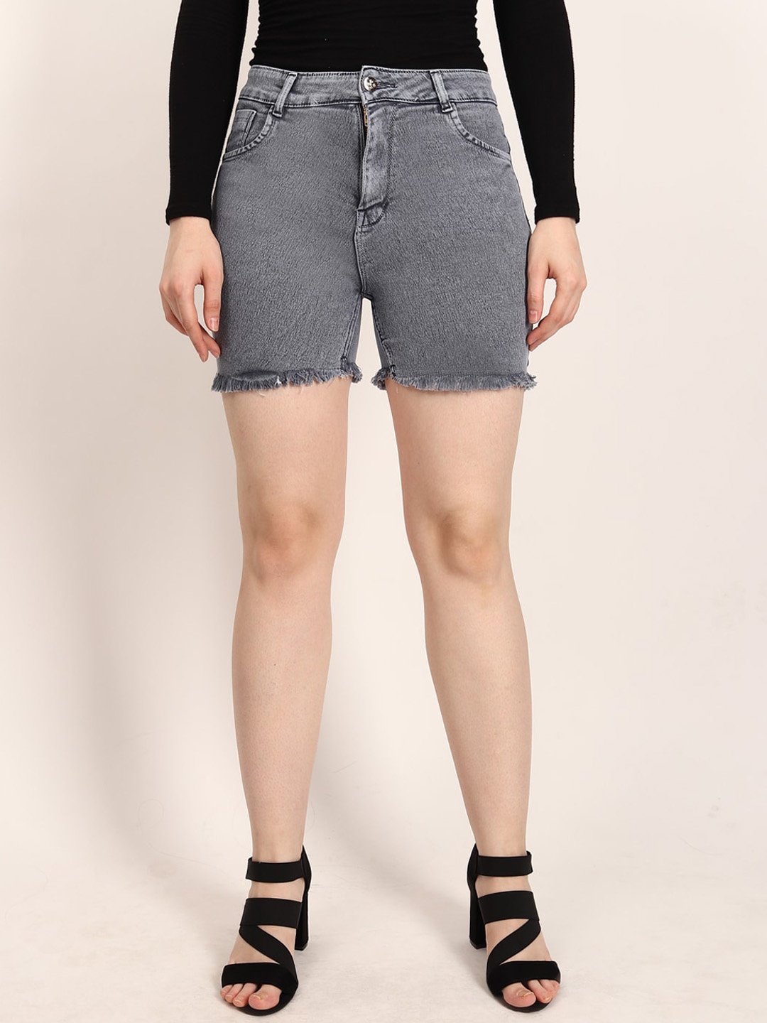 LIVE OK Women Skinny Fit High-Rise Denim Shorts, Grey