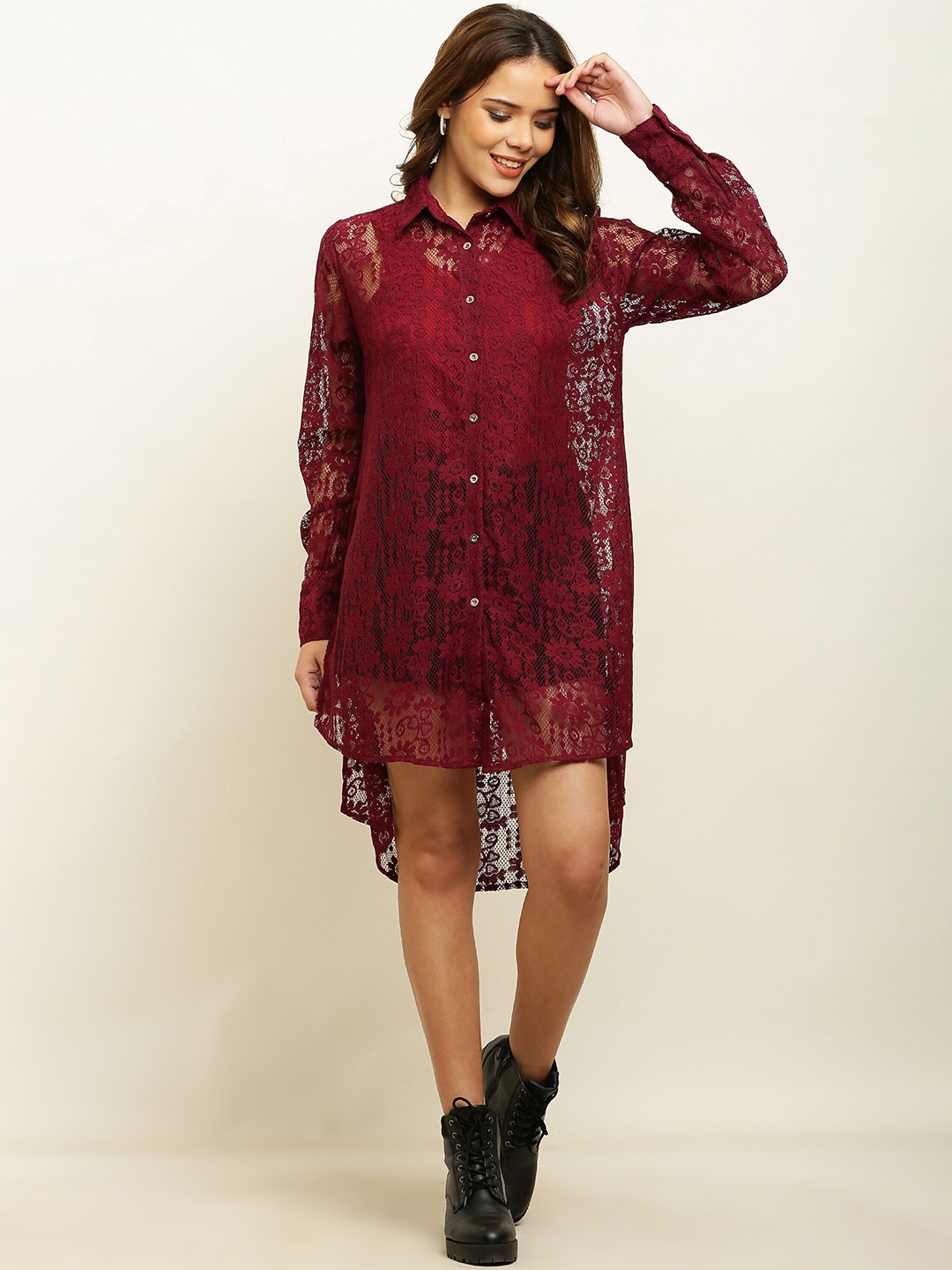 

ADDICTED ATTIRE Floral Self Design Spread Collar Long Sleeves Party Shirt, Maroon