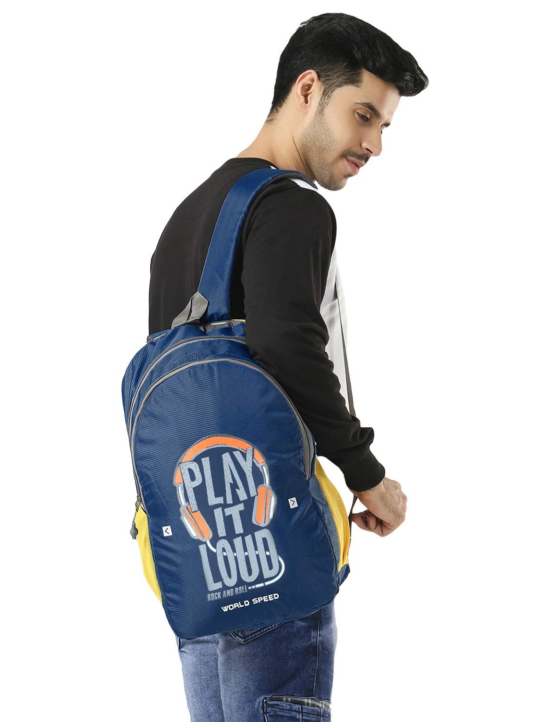 

WORLD SPEED Unisex Typography Printed Backpack, Navy blue